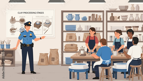 Police officer engaging with a group of diverse students in a pottery class.