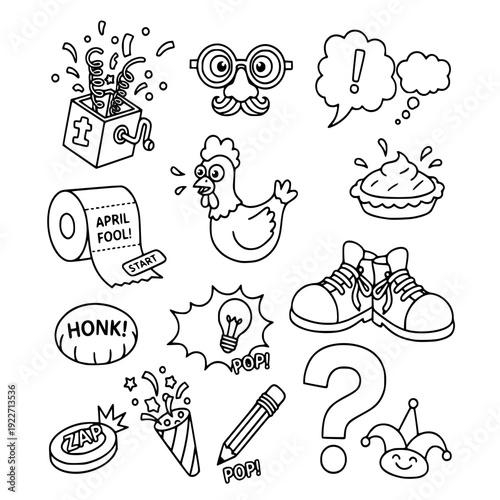 Vector line art collection of April Fool's Day prank elements and funny doodle icons.