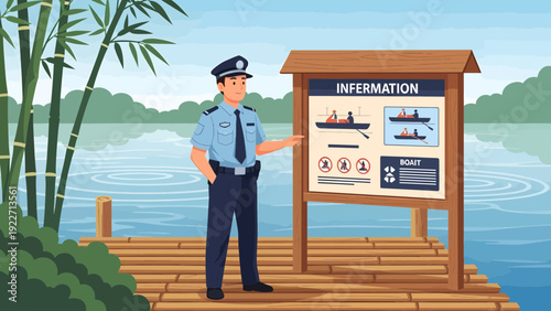 Police Officer Explaining Information on a Wooden Board.