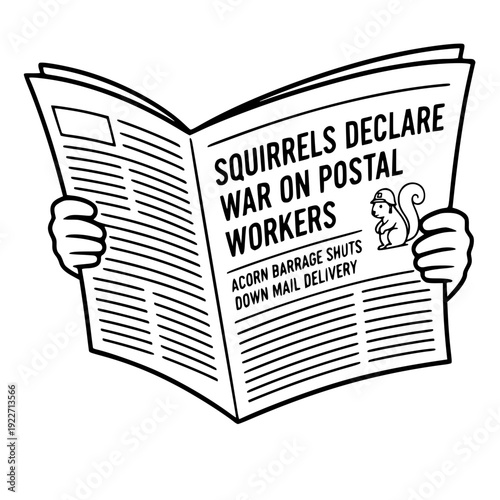 Hand drawn newspaper mockup featuring a humorous headline about squirrels and postal workers.