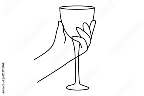 Outline  Wine Glass in Human Hand. Contour Drawn Illustration. Decorative  Vacation Rest and Travel Vibes Theme. Romantic Anniversary Gift Beverage Illustration. Happy Holiday Greeting Theme.
