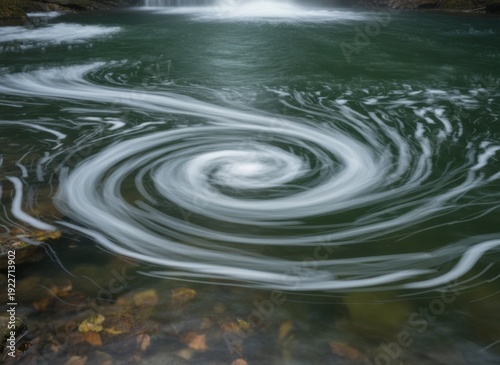 Mesmerizing White Water Vortex Swirls in a Dark Green Pool Amidst Autumn Leaves and a Gentle Waterfall Creating an Abstract Natural Phenomenon
