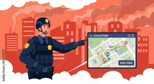Police officer pointing at an evacuation map during an emergency.