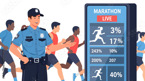 Police Officer Overseeing Marathon Race with Live Tracking App.