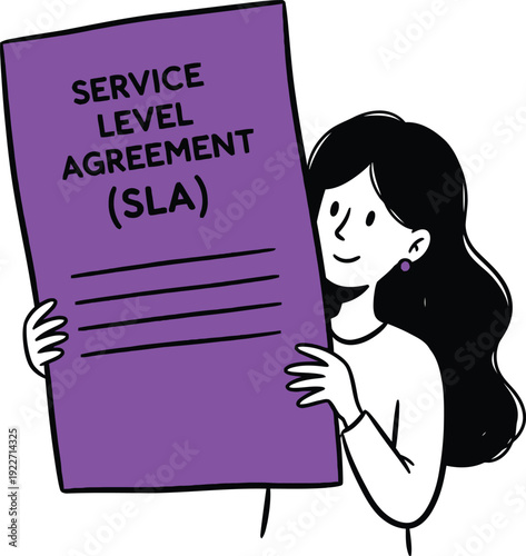 Young Woman Holding a Large Purple Document Titled "SERVICE LEVEL AGREEMENT (SLA)", Representing Business Contracts, Customer Commitments, or Service Terms.