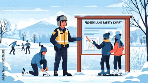 Police officer teaching children about frozen lake safety with a chart.
