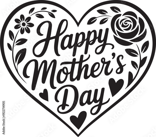 Mom and Mummy Heart Quotes Vector Set, Happy Mother’s Day Typography in Black and White