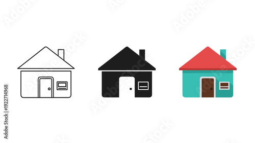 Three colorful house icons in different styles and colors Vector