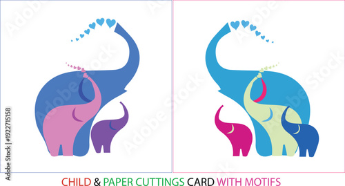 Elephant Family Paper Cutting Card Design with Hearts, Stylized Elephant Family Silhouette Art on White Background