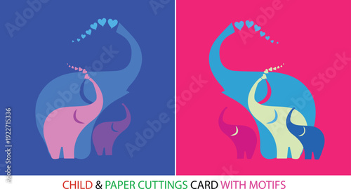 Mother and Baby Elephant Heart Motif Greeting Card, Elephant Family Silhouette Greeting Card with Heart Motifs