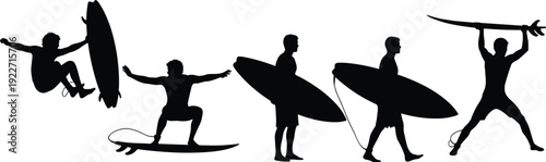 Black surfer silhouette set featuring men surfing, carrying boards, and walking for coastal cad drawing, beach plan, and flat vector illustration.