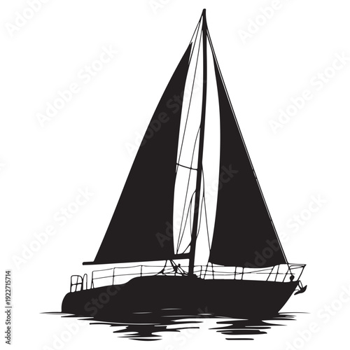 Simple black sailboat vector, abstract triangular sails, minimal nautical illustration, transparent background
