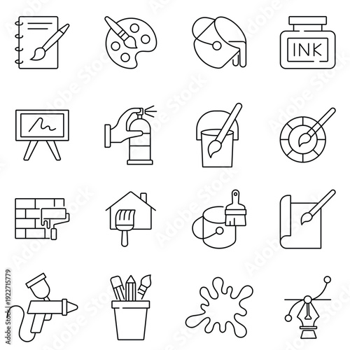 Painting or art drawing design icon set. Paint tools for the artist or home improvement project design, icon set. Artwork logo icon, sign, symbol. Vector illustration.