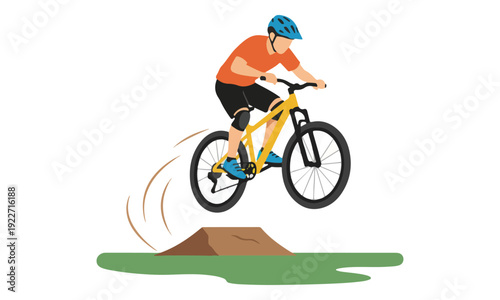 Mountain biker jumping off a dirt ramp on a yellow bicycle