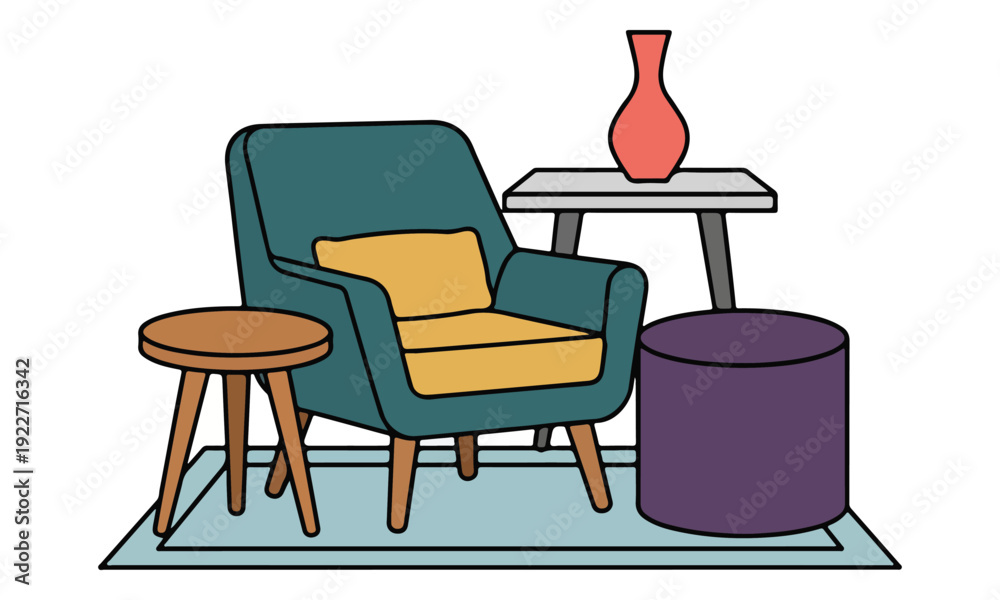 Fototapeta premium Armchair with Stool, Side Table, and Ottoman in Living Room Setup