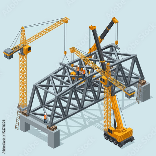 Construction site with cranes and steel framework.