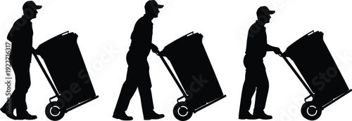 Garbage collector pushing trash bin silhouette vector illustration, sanitation worker in action for waste management, recycling, municipal service, and labor concepts