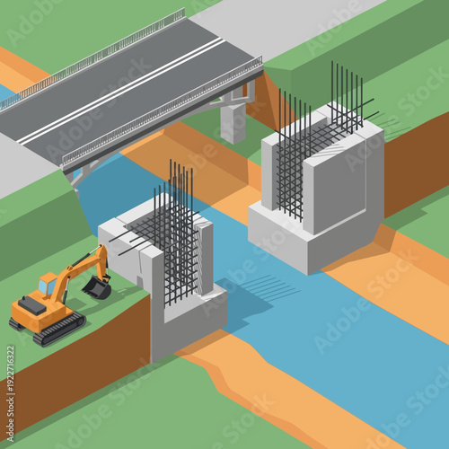 Bridge Construction Site with Excavator and Concrete Piers.