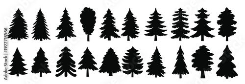 pine trees silhouettes set isolated flat illustration