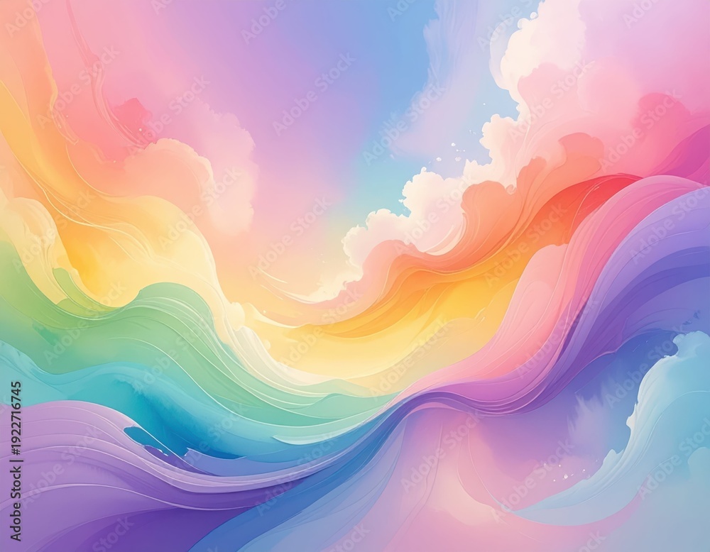 Fototapeta premium Colorful Abstract Waves in Soft Pastel Tones with Whimsical Clouds