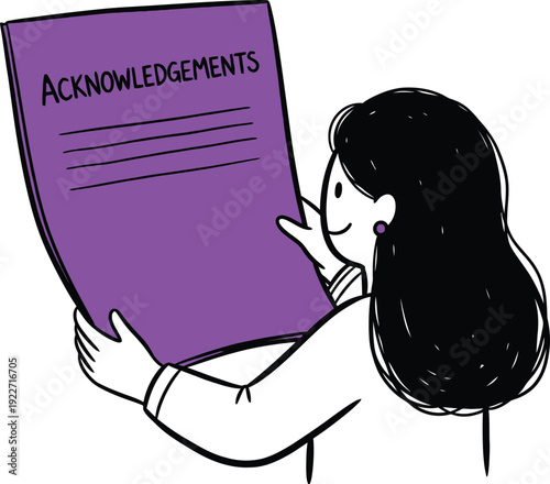Smiling woman character reading a large purple document titled 'Acknowledgements', representing gratitude, formal recognition, and appreciation concept illustration.
