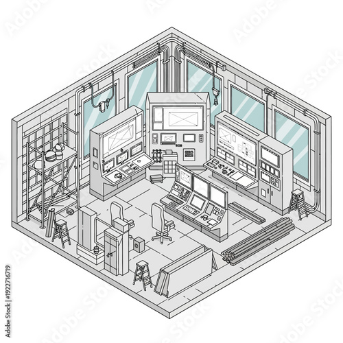 Isometric illustration of a modern laboratory with various scientific equipment and workstations.