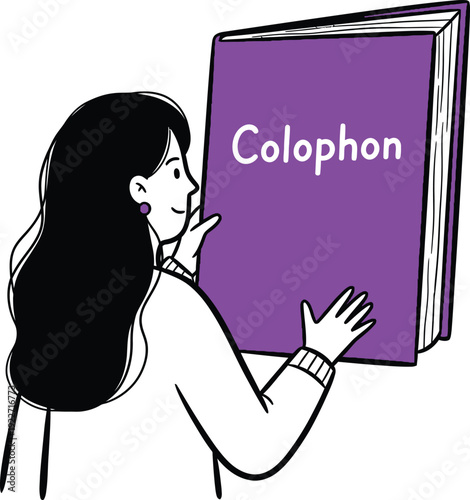 Smiling woman character holding a large purple book titled 'Colophon', representing publishing details, book information, or editorial recognition concept illustration.