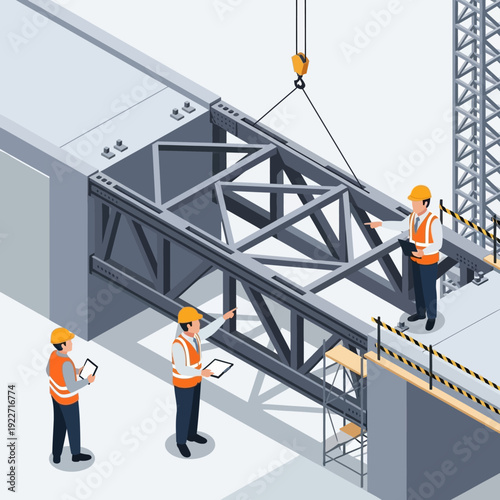 Construction workers installing metal truss structure on building site.