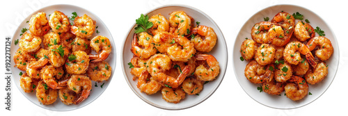 Panel kuchenny z motywem Spicy grilled shrimp platter arranged in three variations transparent or white background