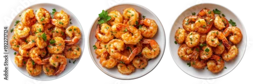 Obraz  z motywem Spicy grilled shrimp platter arranged in three variations transparent or white background