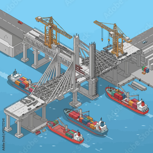 Isometric illustration of a busy dockyard with cranes and cargo ships.