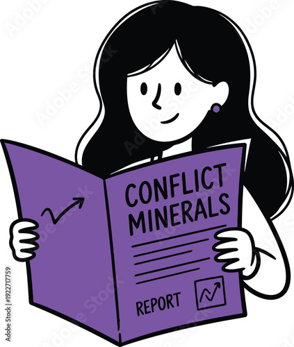 Smiling Woman Character Reading a Large Purple Conflict Minerals Report, Emphasizing Ethical Sourcing and Supply Chain Responsibility