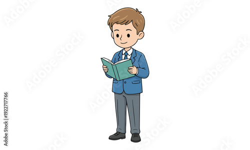Cartoon schoolboy in uniform standing and reading a book illustration