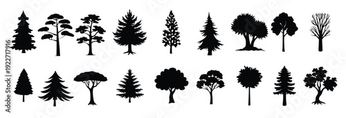 set features black silhouette outlines of various trees
