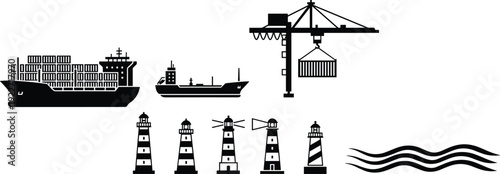 Maritime shipping icons silhouette cargo ship port crane lighthouse seaport navigation marine logistics harbor transportation ocean trade nautical symbol industrial transport collection