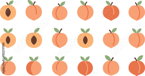 Peach fruit icon set flat vector collection of fresh ripe peaches whole and sliced isolated on light background