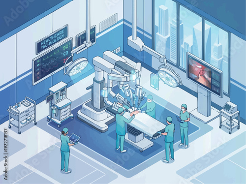 Isometric high tech robotic surgery machine in modern operating room vector illustration.