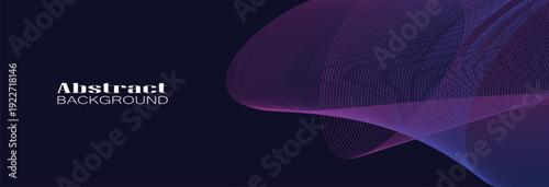 pink and purple glowing wavy line pattern on dark blue background with copy space. Modern technology futuristic neon color concept. Abstract wide banner design.