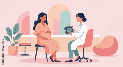 Flat vector illustration of pregnant woman visiting doctor for prenatal care.