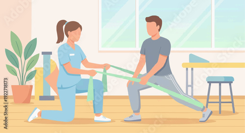 Modern flat vector physiotherapist helping patient with rehabilitation exercise.