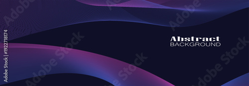 pink and purple glowing wavy line pattern on dark blue background with copy space. Modern technology futuristic neon color concept. Abstract wide banner design.