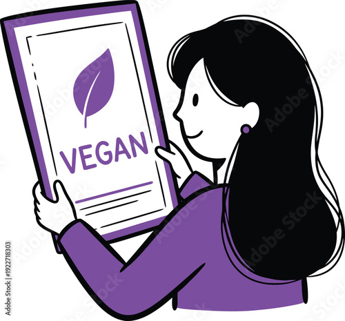 Smiling woman presenting a "VEGAN" sign with a leaf icon, promoting a plant-based and ethical lifestyle choice for animal welfare and healthy eating.