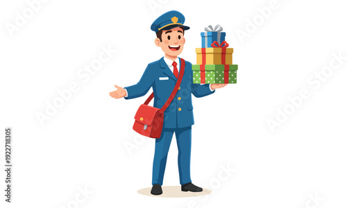 Postman Character Holding Stack of Gift Boxes and Mailbag