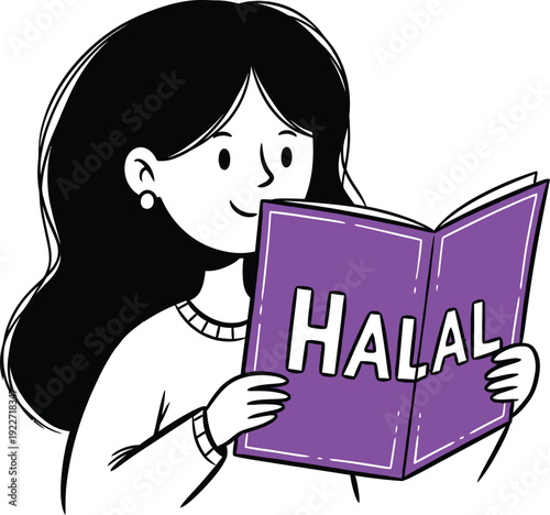 Smiling woman reading a purple book with "HALAL" on the cover, representing Islamic dietary compliance and ethical food choices for Muslim consumers.