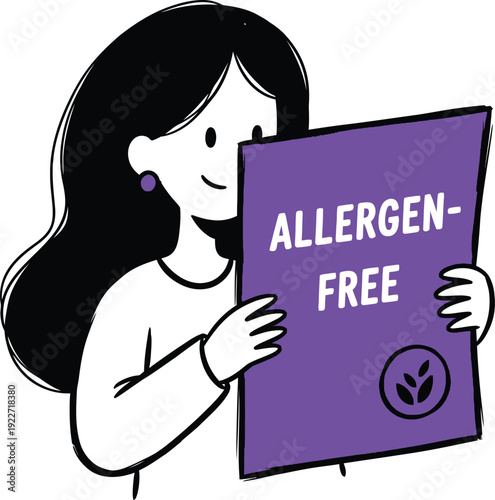 Smiling woman holding a large "ALLERGEN-FREE" sign with a leaf icon, promoting safe food choices and awareness for dietary restrictions and health.
