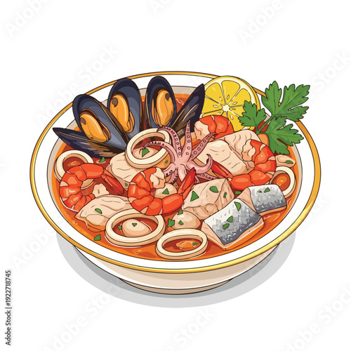 Seafood stew with mussels and vegetables.