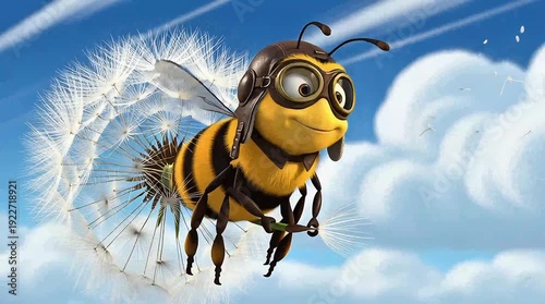 Happy cartoon bumble bee flying through the clouds with dandelion parachute wearing aviator goggles and helmet.