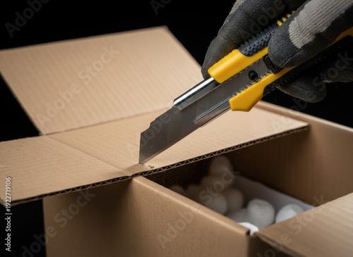 Hand wearing black glove cutting open cardboard box with yellow utility knife revealing protective packing peanuts inside dark background close up