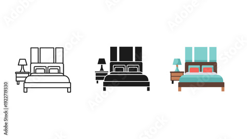 Three different bedroom sets with beds and nightstands Vector