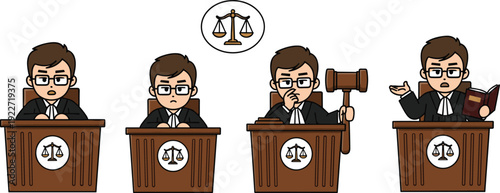 Cartoon judge character vector set showing multiple courtroom poses with gavel and law book, illustrations for justice, legal education, and explainer content